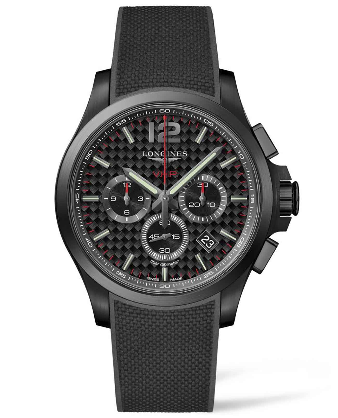 Longines Longines Conquest V.H.P. L3.727.2.66.9  L37272669 кварцевые мужские часы черный циферблат, браслет каучук — вид спереди